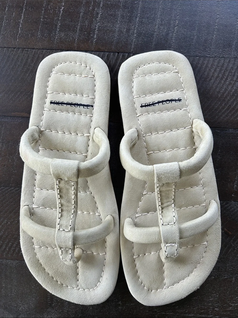 Free People Cream Suede Double Strap Toe-Loop Sandals